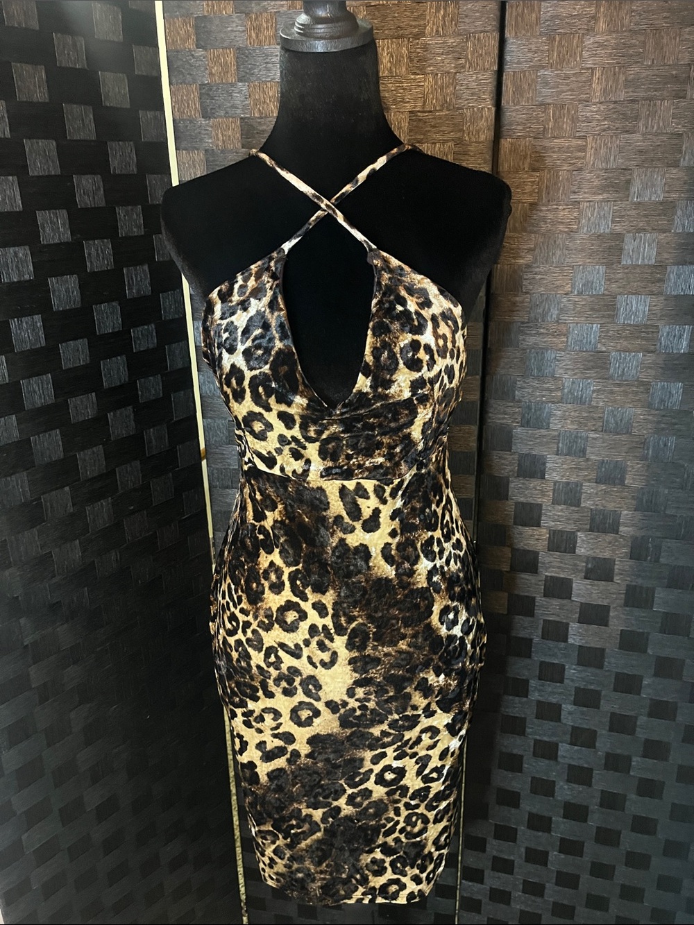 Leopard Print Crisscross Halter Bodycon Dress - Brown/Black